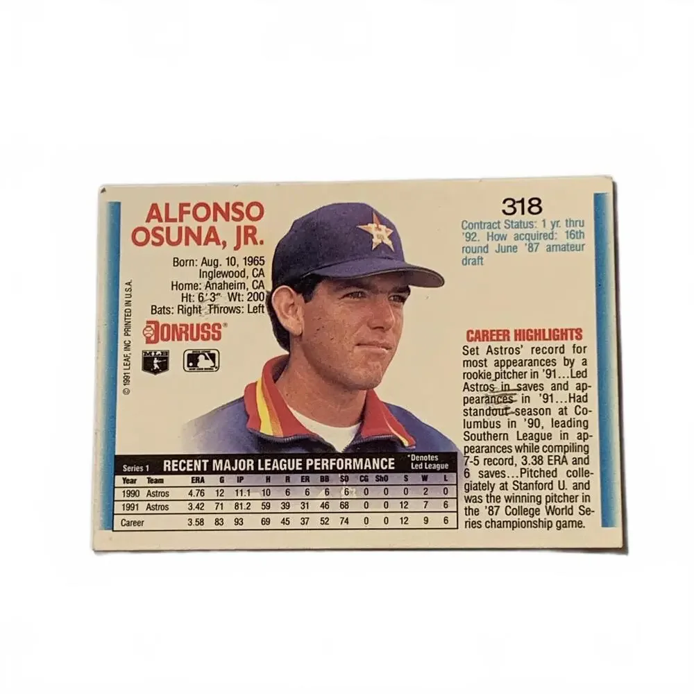 1992 Donruss Alfonso Osuna‎ Houston Astros Pitcher Baseball Card #318